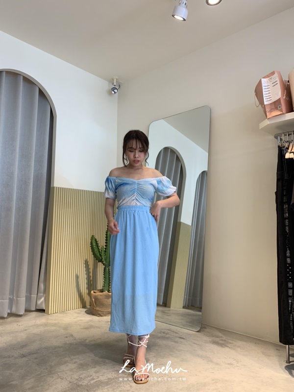 素面開衩鬆緊長裙